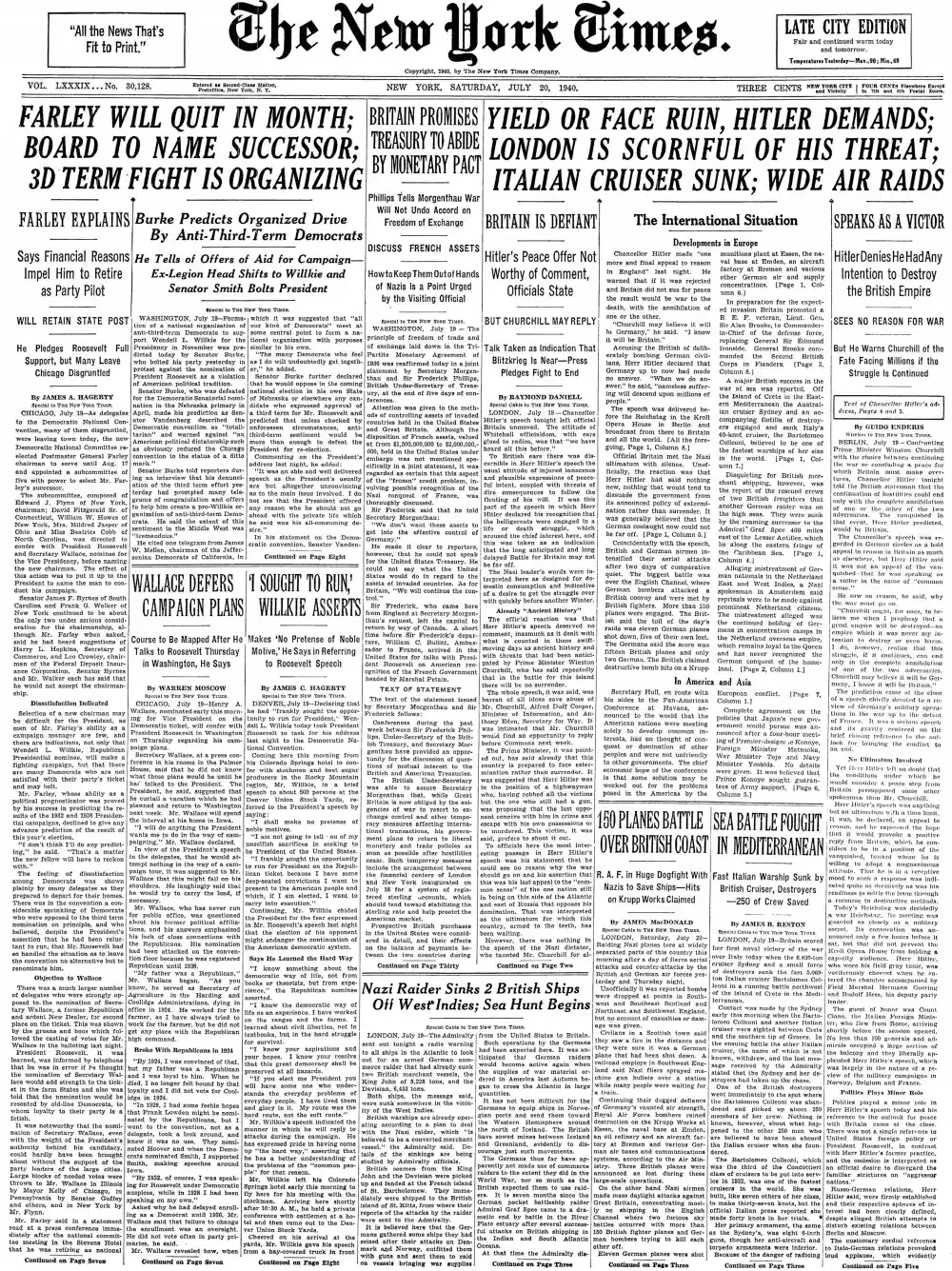 Saturday, July 20, 1940 – The New York Times Front Page