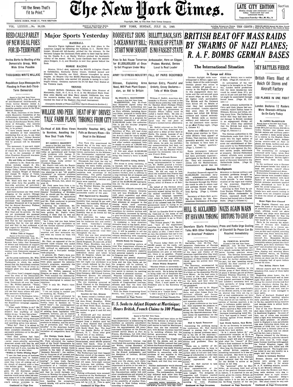 Sunday, July 21, 1940 – The New York Times Front Page