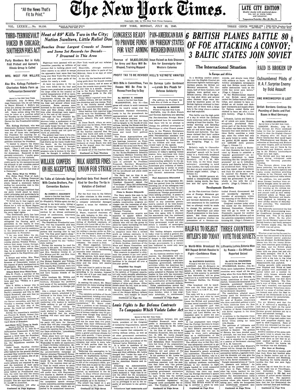 Monday, July 22, 1940 – The New York Times Front Page