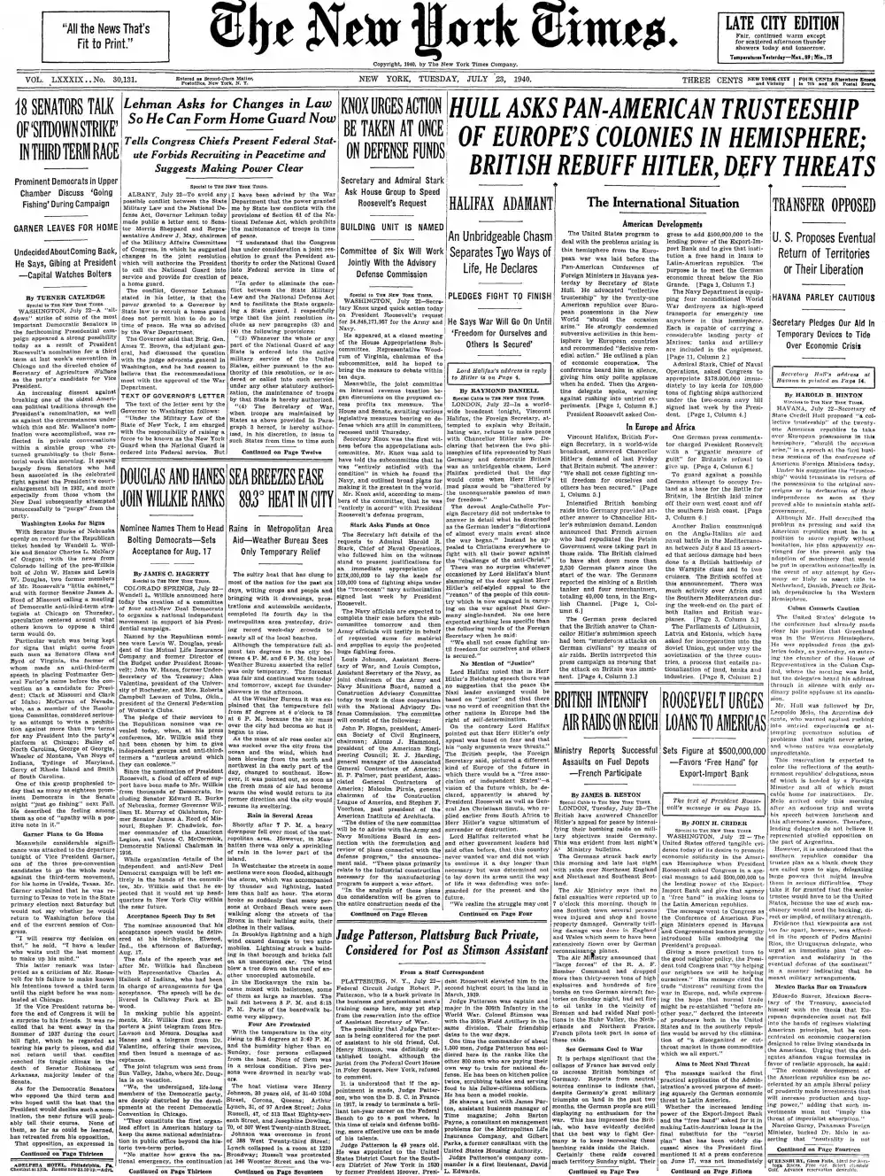 Tuesday, July 23, 1940 – The New York Times Front Page
