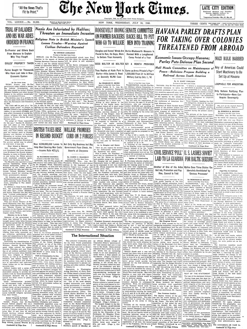 Wednesday, July 24, 1940 – The New York Times Front Page