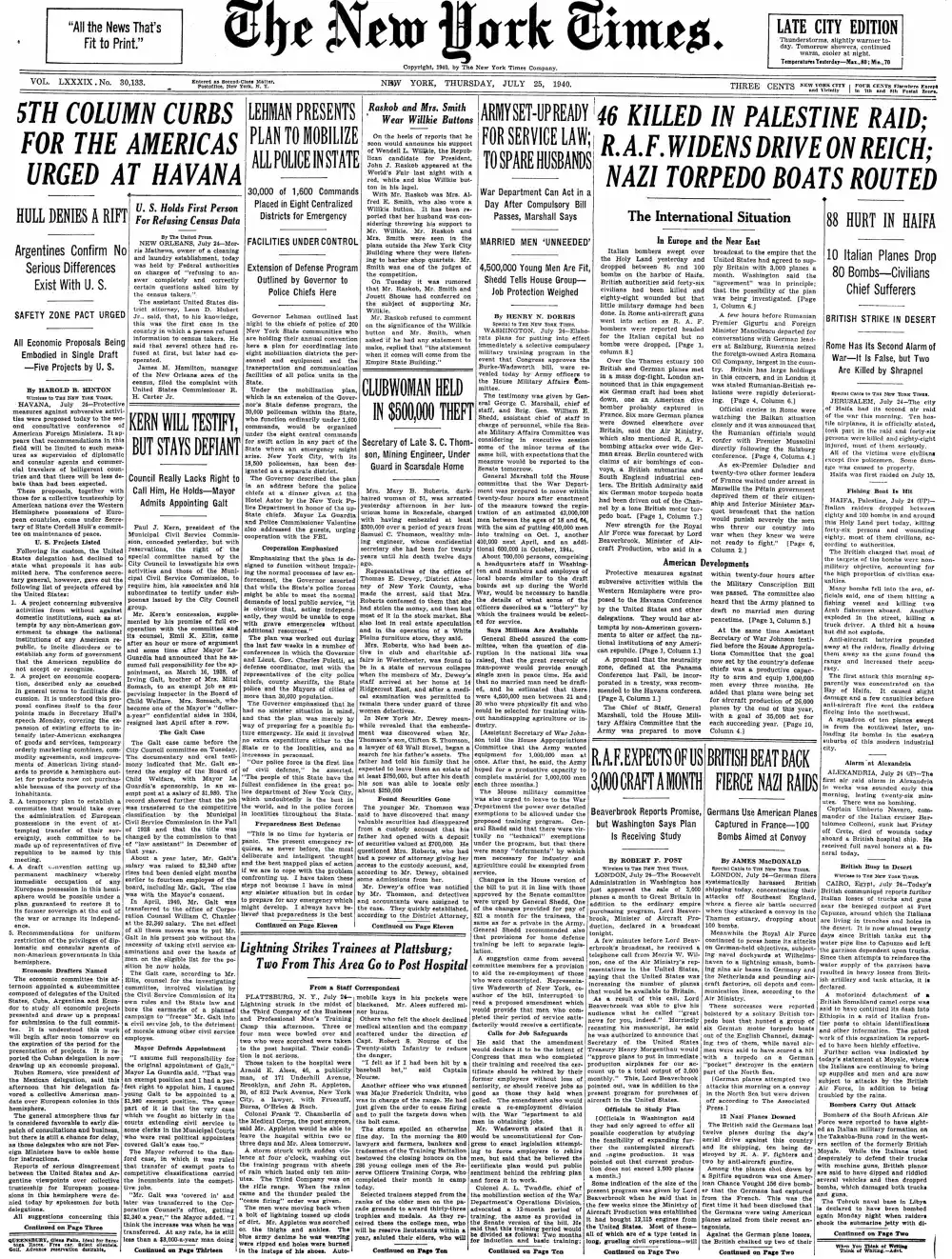 Thursday, July 25, 1940 – The New York Times Front Page