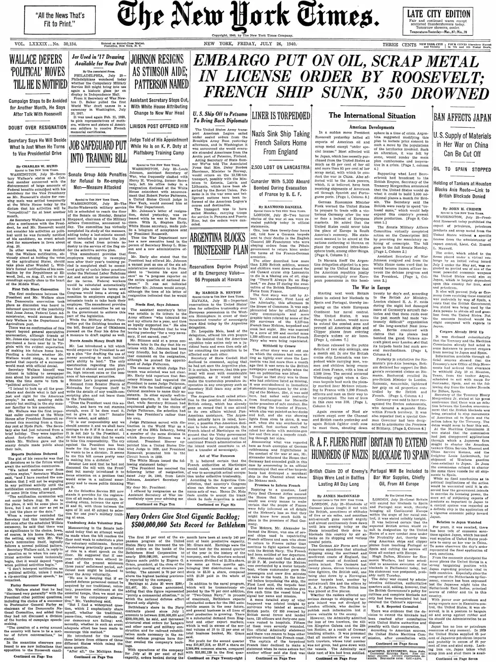Friday, July 26, 1940 – The New York Times Front Page