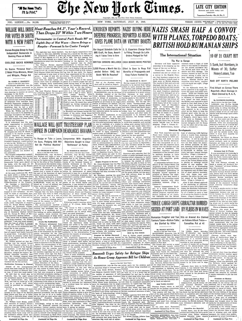 Saturday, July 27, 1940 – The New York Times Front Page