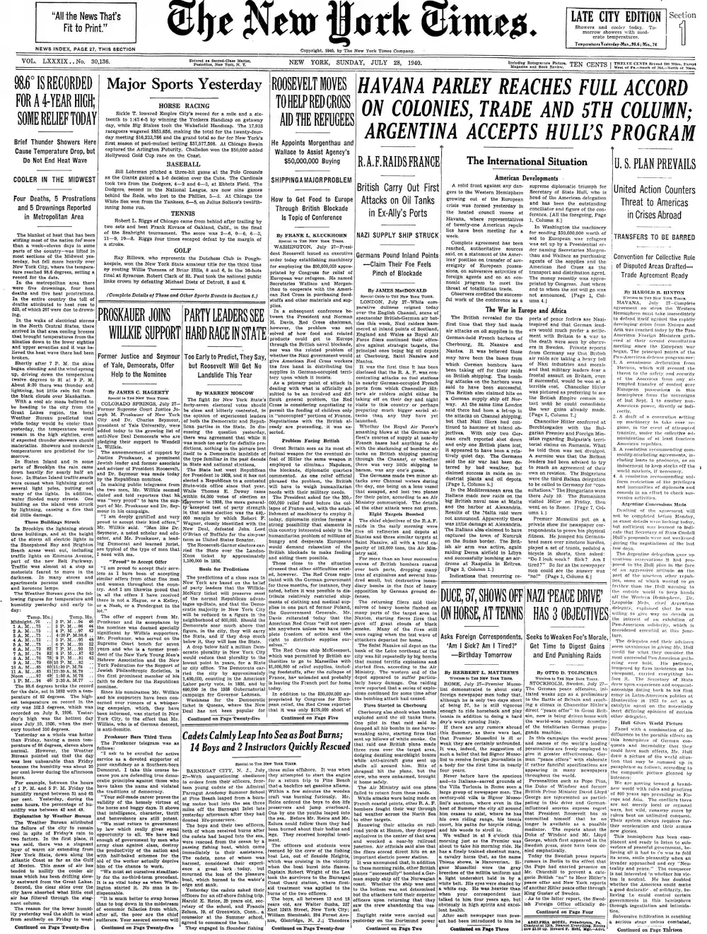 Sunday, July 28, 1940 – The New York Times Front Page