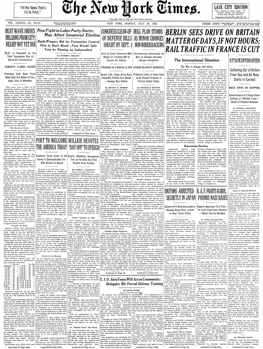 Monday, July 29, 1940 – The New York Times Front Page