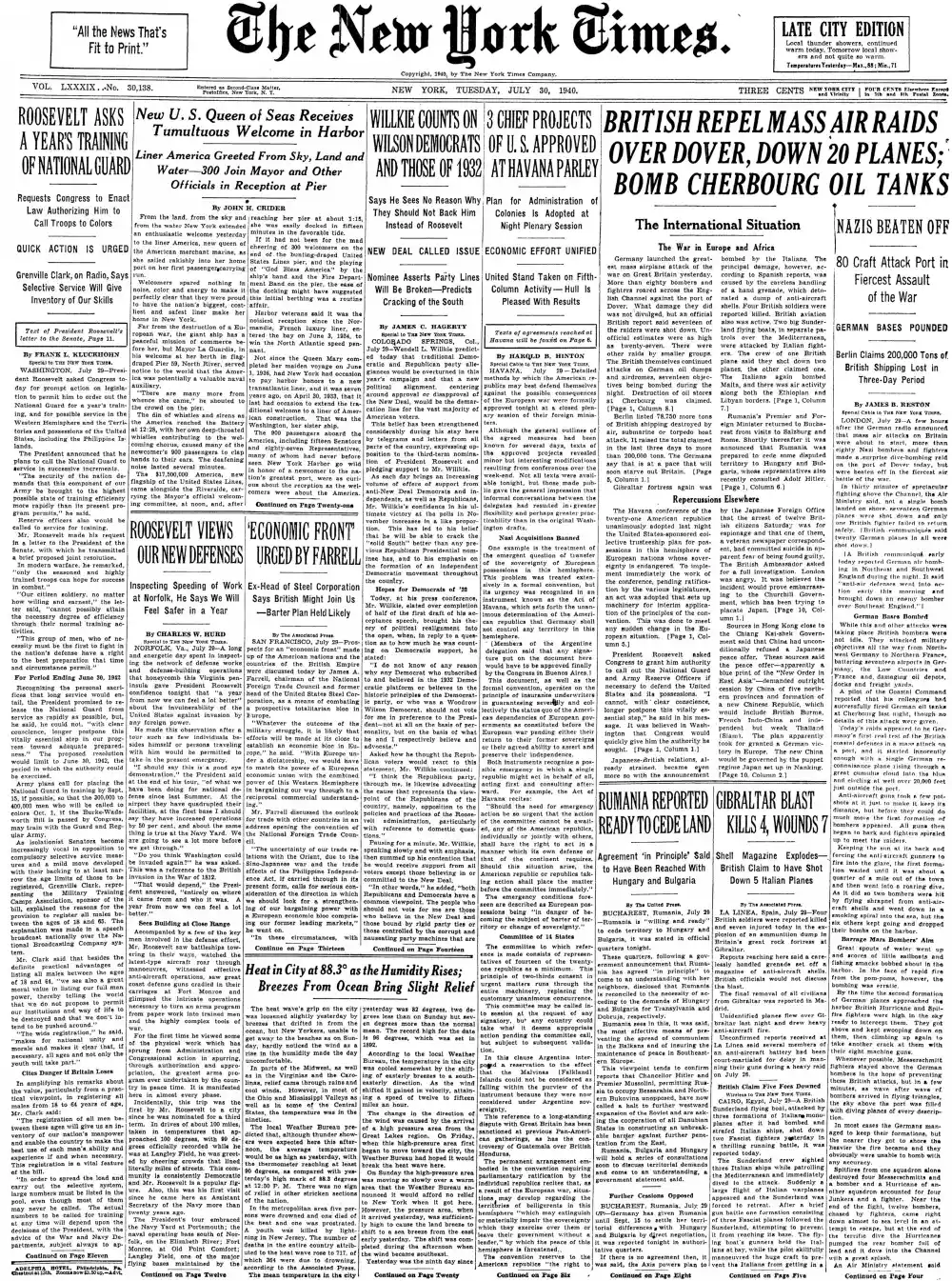 Tuesday, July 30, 1940 – The New York Times Front Page