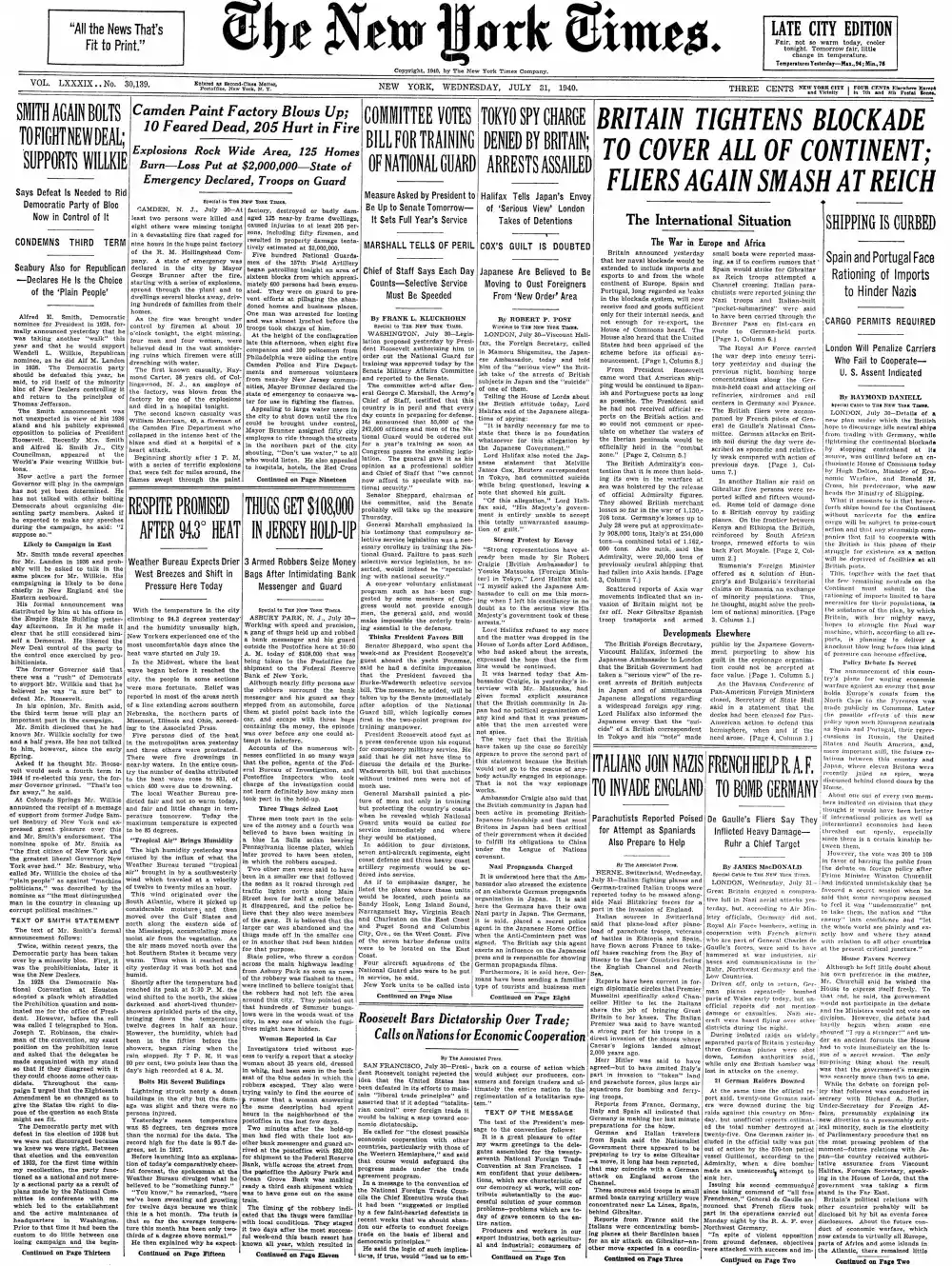 Wednesday, July 31, 1940 – The New York Times Front Page