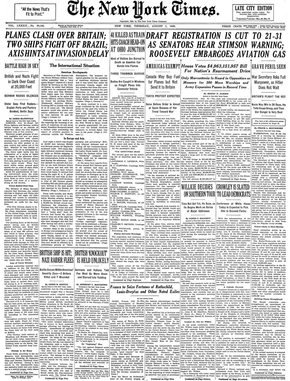 Thursday, August 1, 1940 – The New York Times Front Page