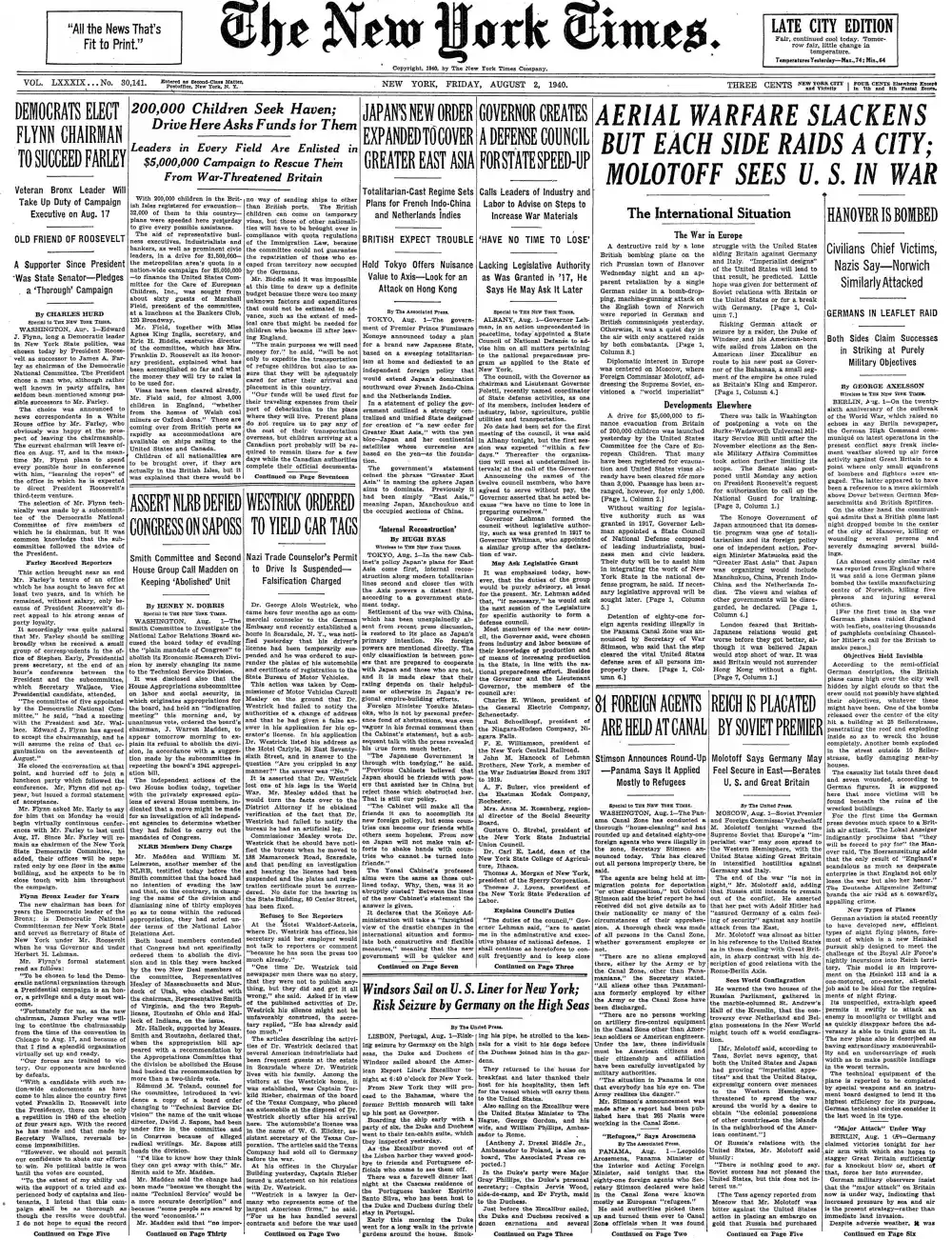 Friday, August 2, 1940 – The New York Times Front Page