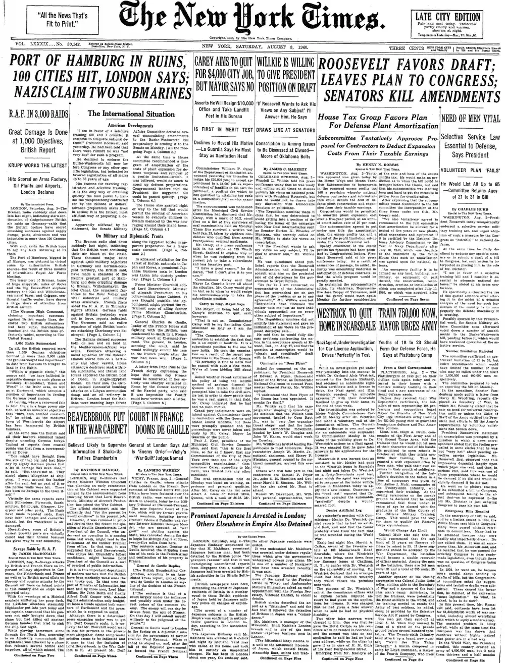 Saturday, August 3, 1940 – The New York Times Front Page