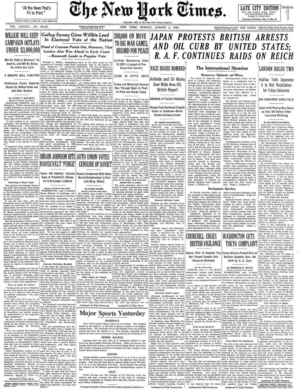 Sunday, August 4, 1940 – The New York Times Front Page