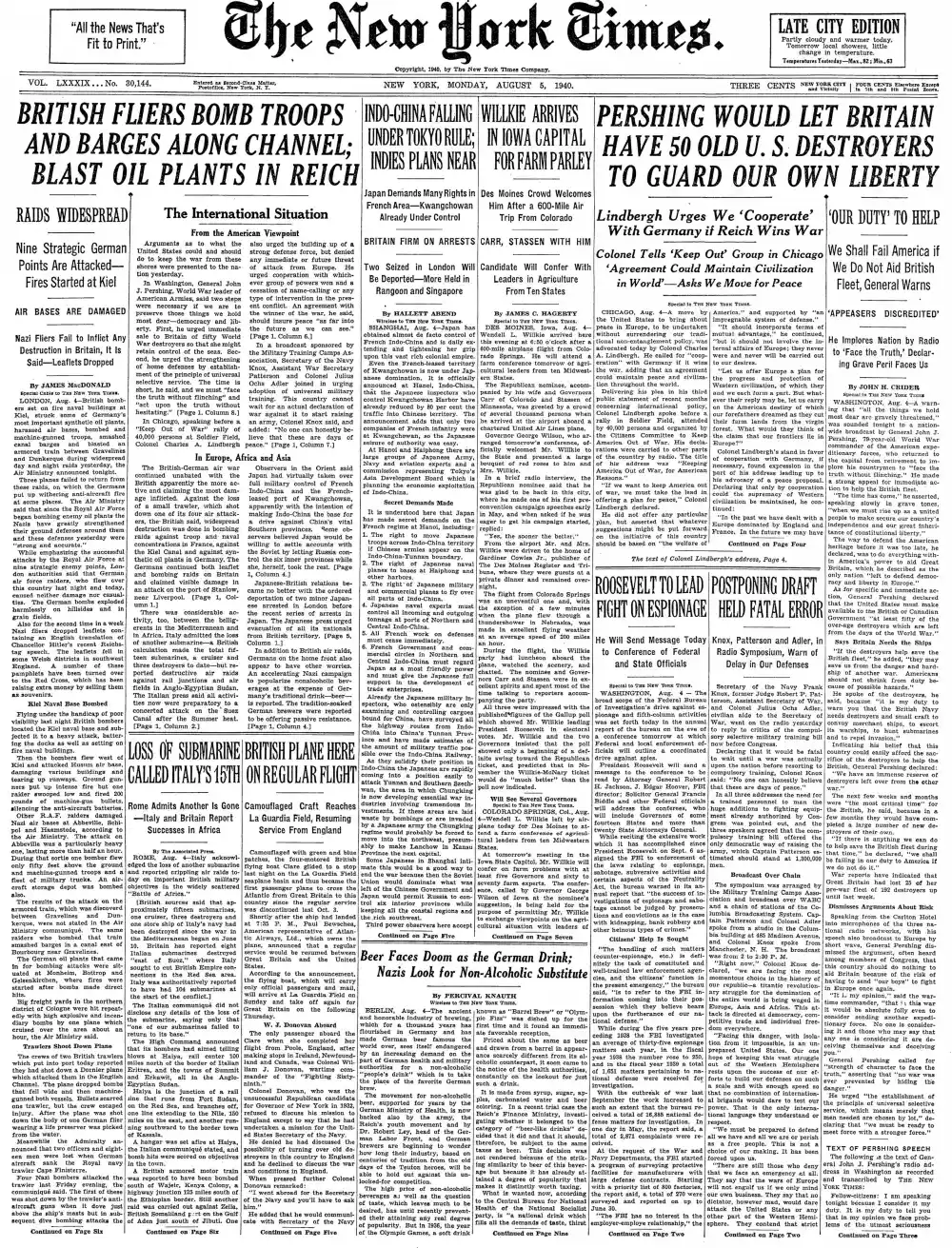 Monday, August 5, 1940 – The New York Times Front Page