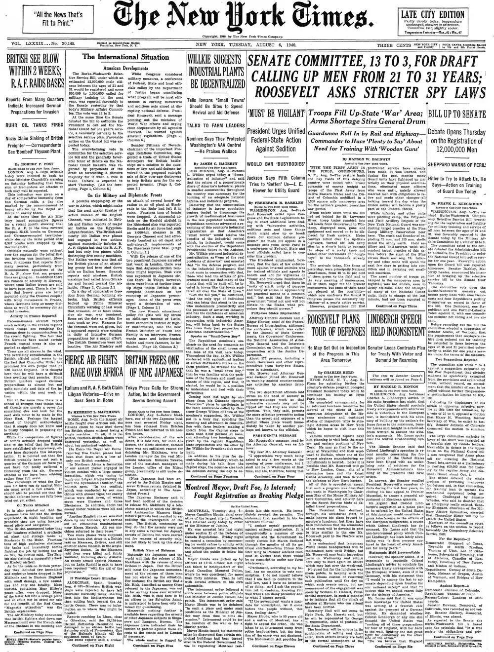Tuesday, August 6, 1940 – The New York Times Front Page