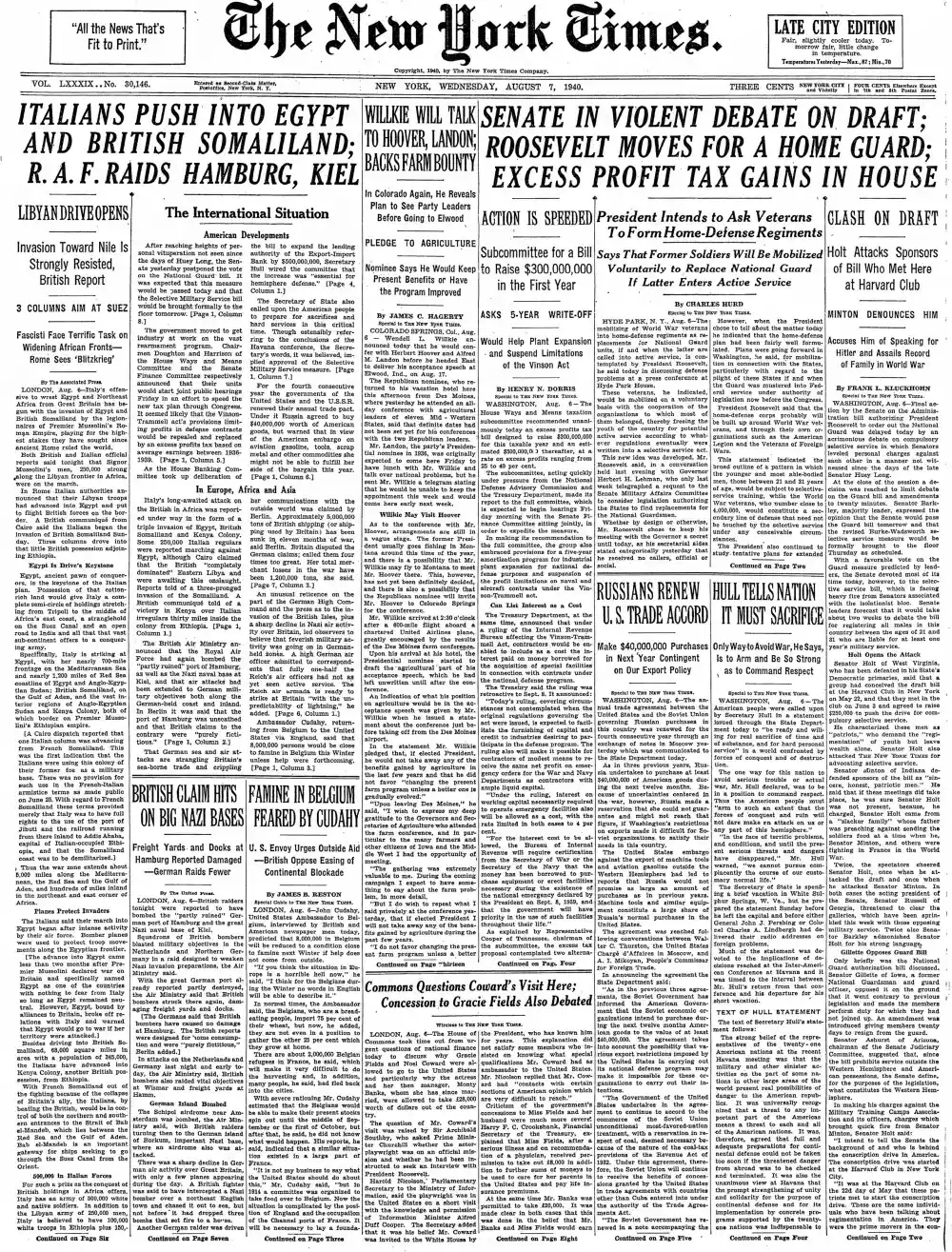 Wednesday, August 7, 1940 – The New York Times Front Page