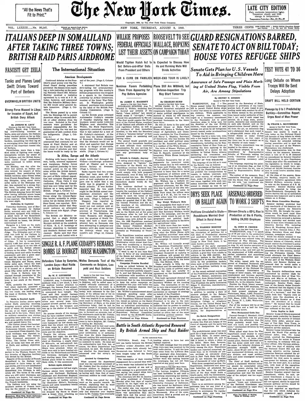 Thursday, August 8, 1940 – The New York Times Front Page