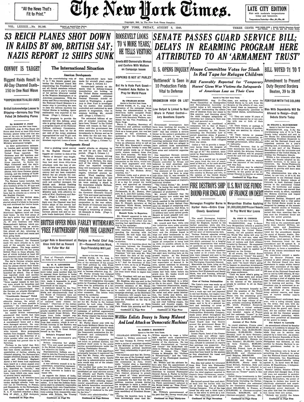 Friday, August 9, 1940 – The New York Times Front Page