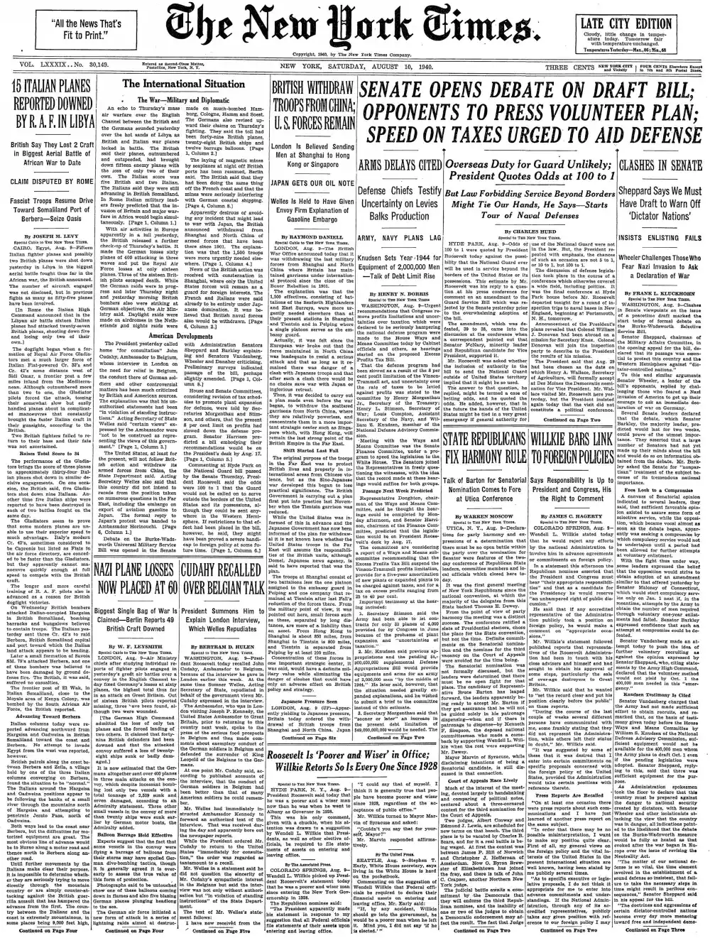 Saturday, August 10, 1940 – The New York Times Front Page