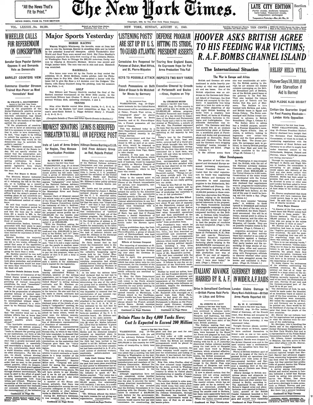 Sunday, August 11, 1940 – The New York Times Front Page