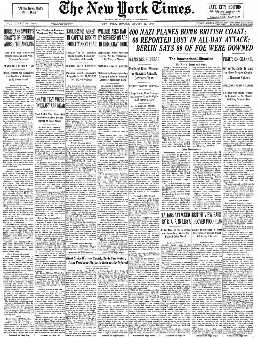 Monday, August 12, 1940 – The New York Times Front Page