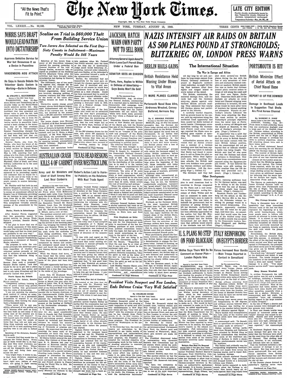 Tuesday, August 13, 1940 – The New York Times Front Page