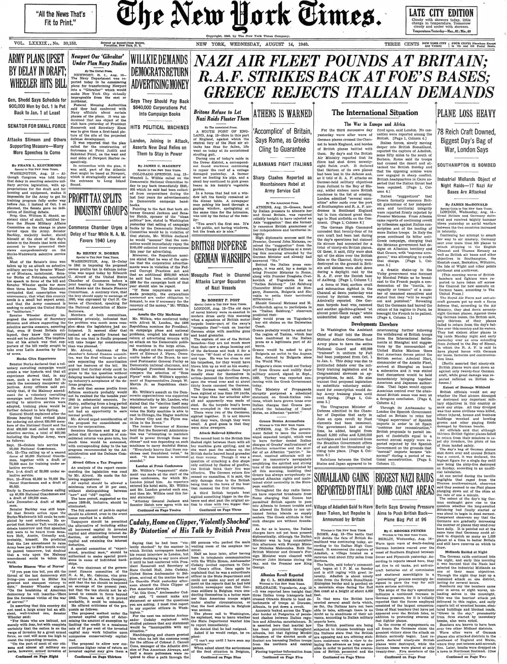 Wednesday, August 14, 1940 – The New York Times Front Page