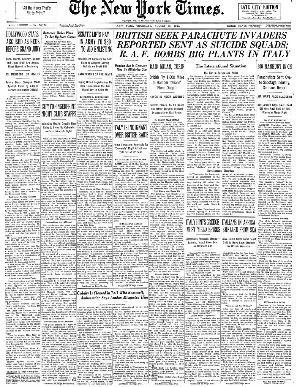 Thursday, August 15, 1940 – The New York Times Front Page