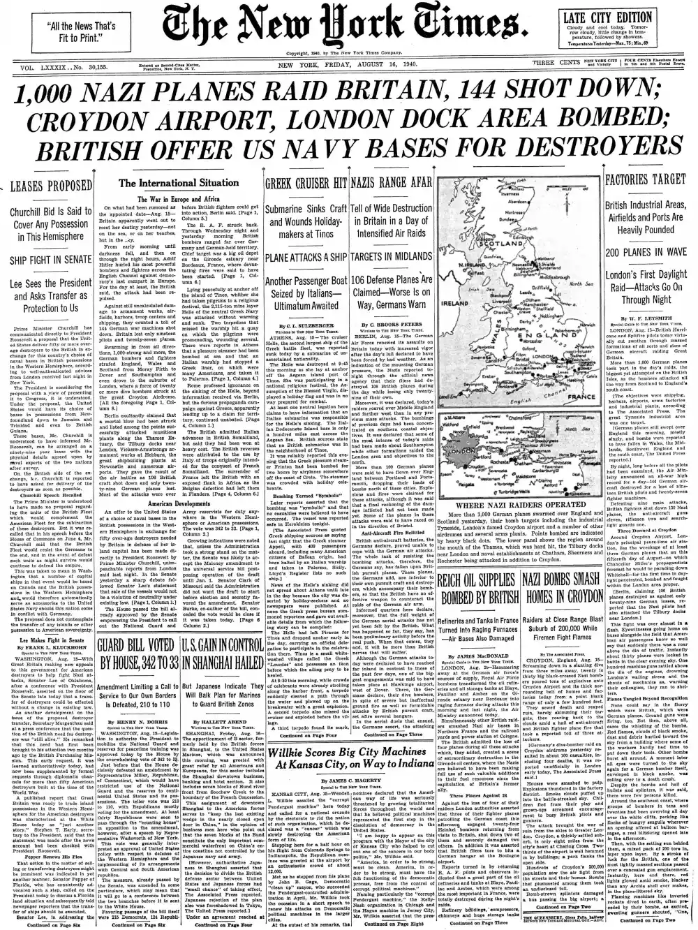 Friday, August 16, 1940 – The New York Times Front Page