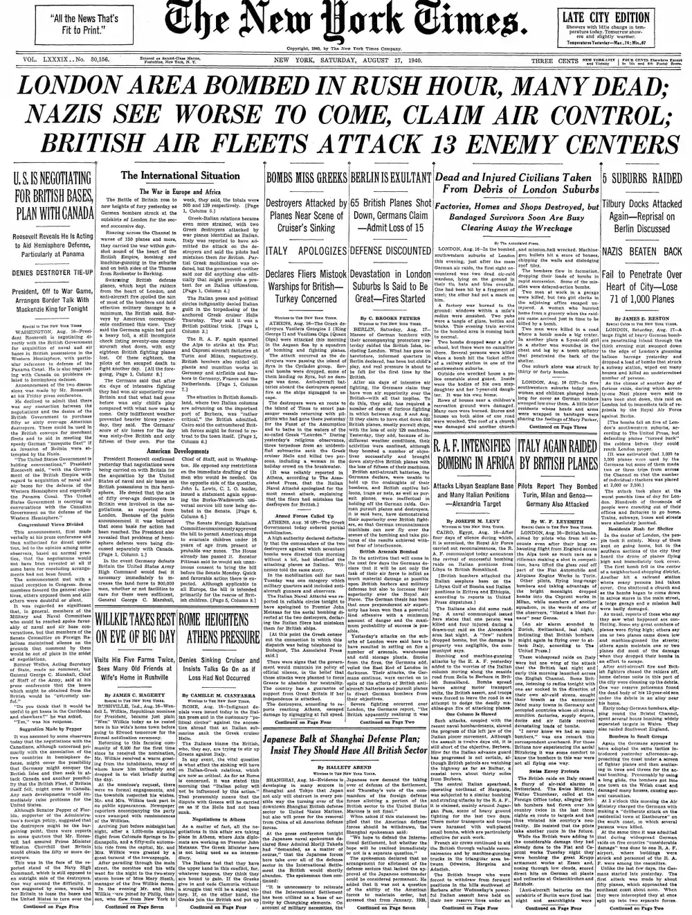 Saturday, August 17, 1940 – The New York Times Front Page