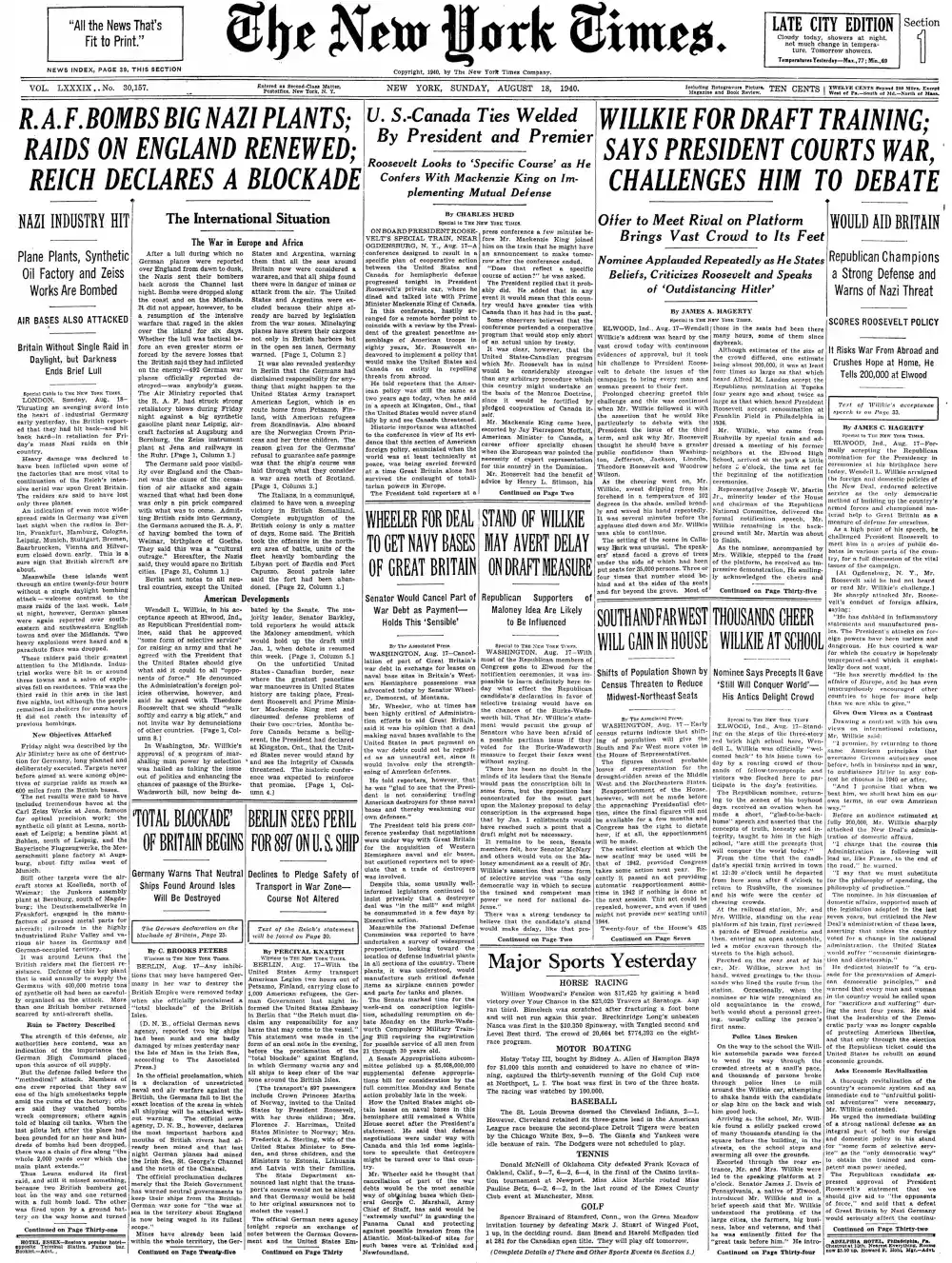 Sunday, August 18, 1940 – The New York Times Front Page