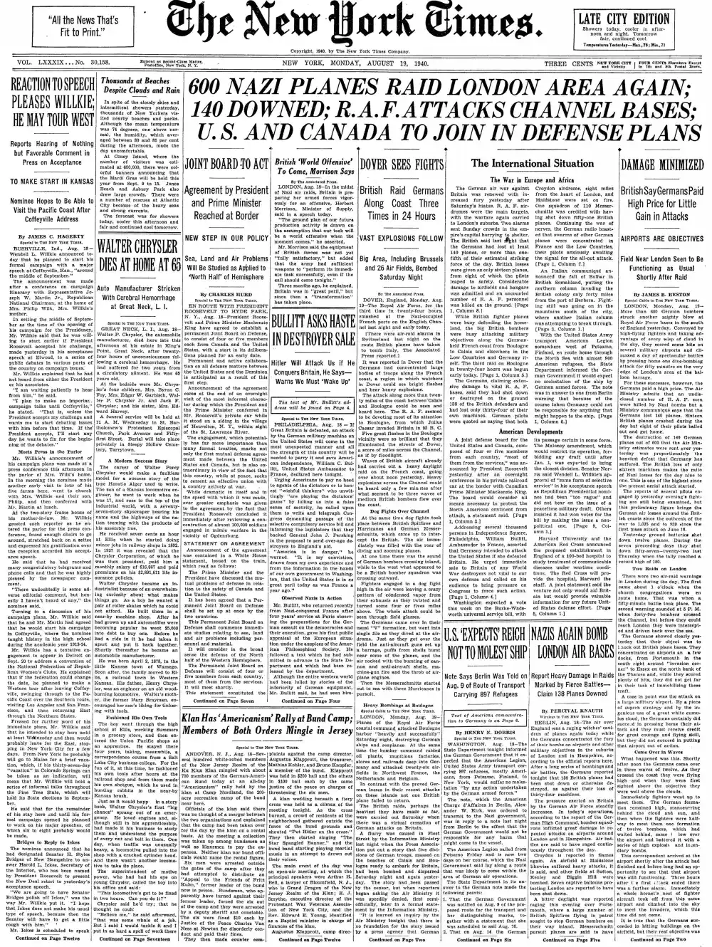Monday, August 19, 1940 – The New York Times Front Page