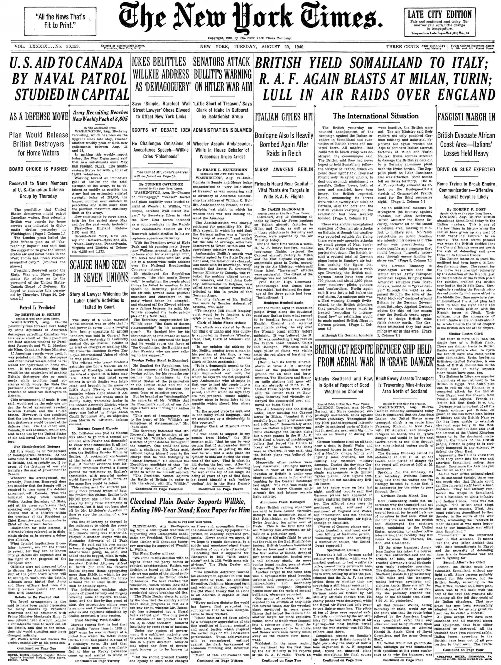 Tuesday, August 20, 1940 – The New York Times Front Page