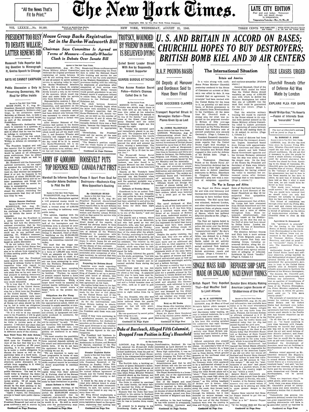 Wednesday, August 21, 1940 – The New York Times Front Page