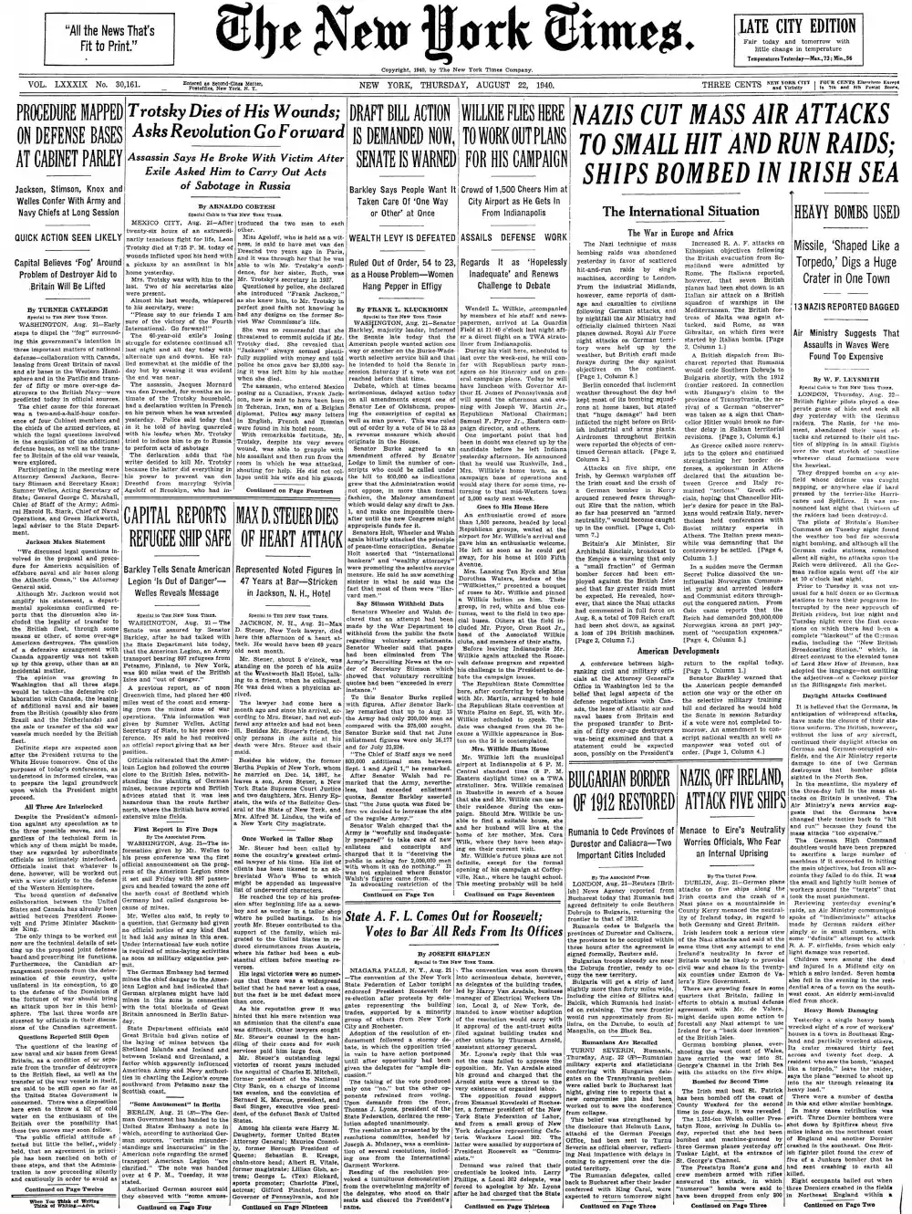 Thursday, August 22, 1940 – The New York Times Front Page