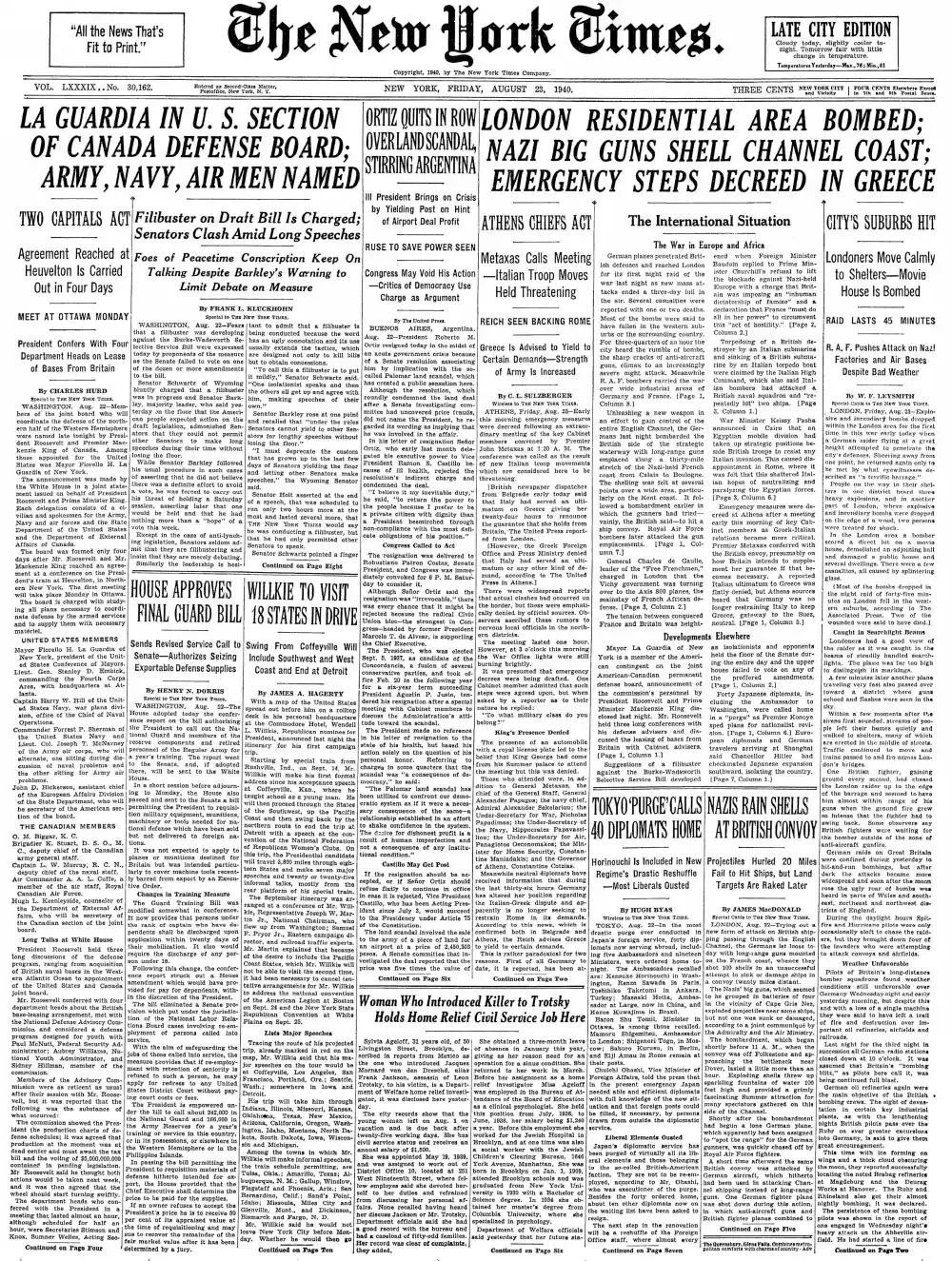 Friday, August 23, 1940 – The New York Times Front Page