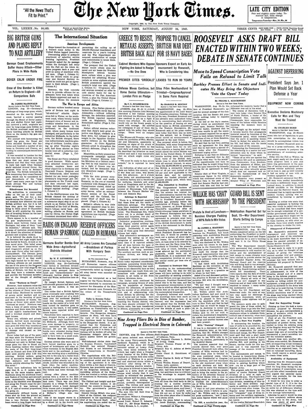 Saturday, August 24, 1940 – The New York Times Front Page