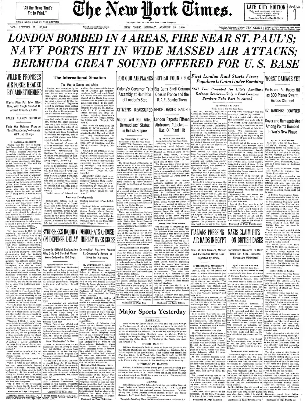 Sunday, August 25, 1940 – The New York Times Front Page