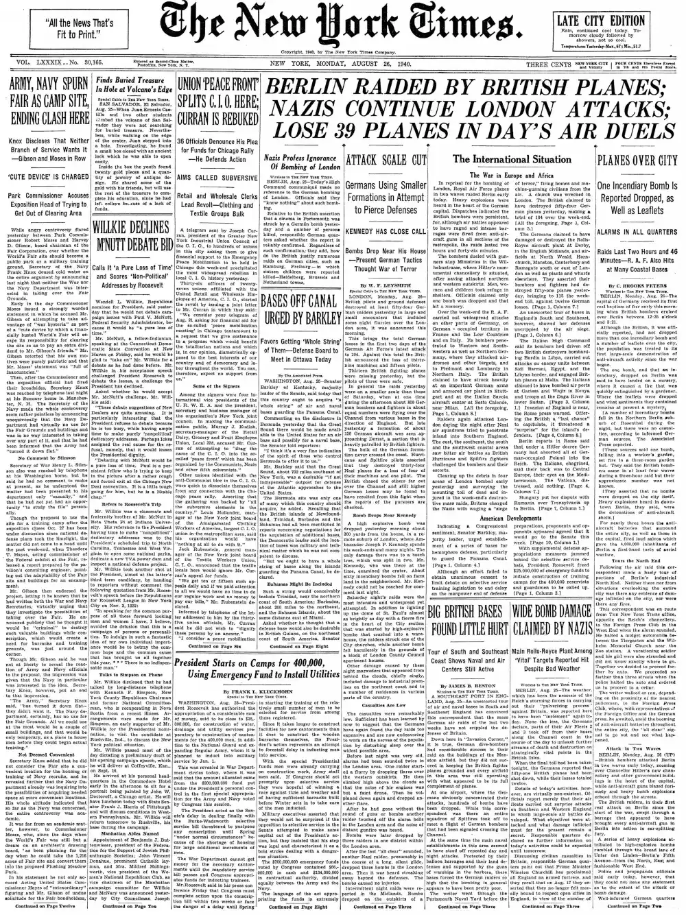Monday, August 26, 1940 – The New York Times Front Page