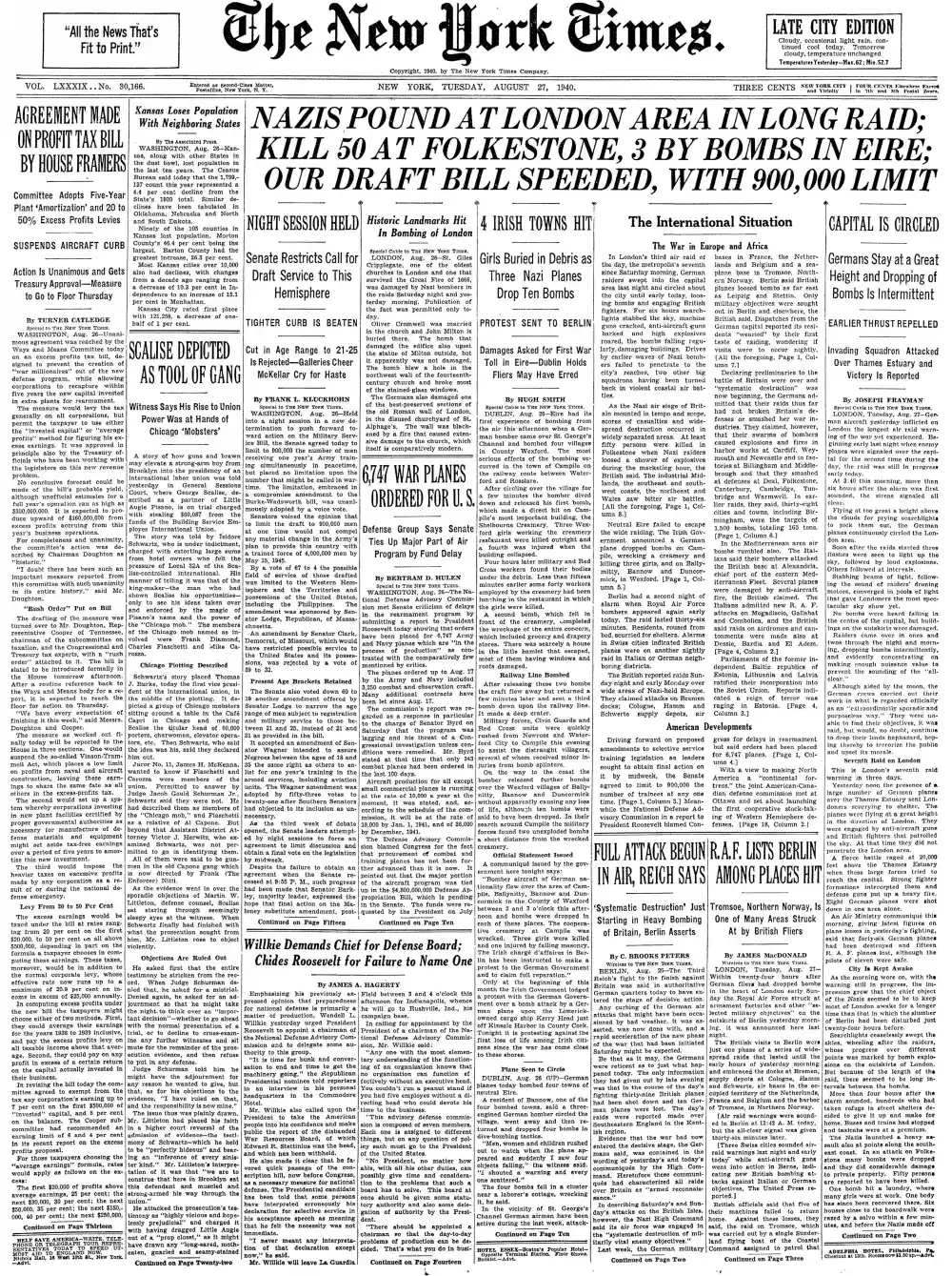 Tuesday, August 27, 1940 – The New York Times Front Page