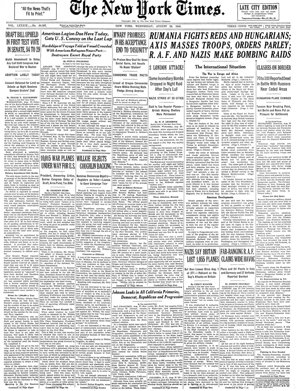 Wednesday, August 28, 1940 – The New York Times Front Page
