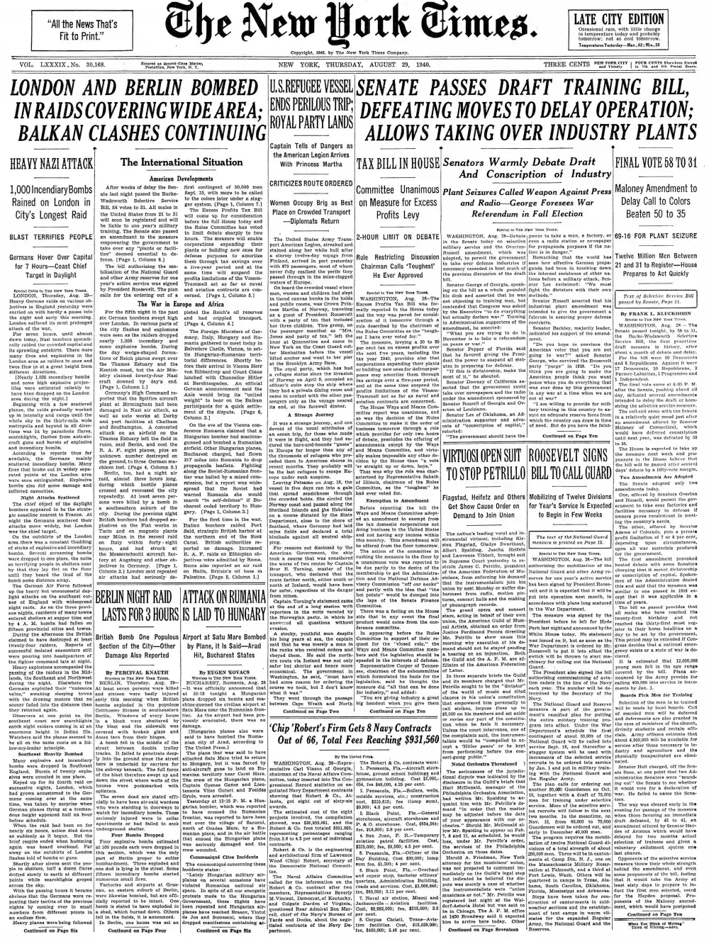 Thursday, August 29, 1940 – The New York Times Front Page