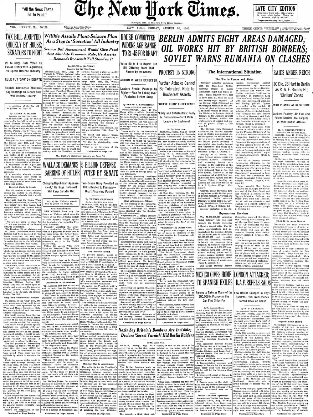 Friday, August 30, 1940 – The New York Times Front Page
