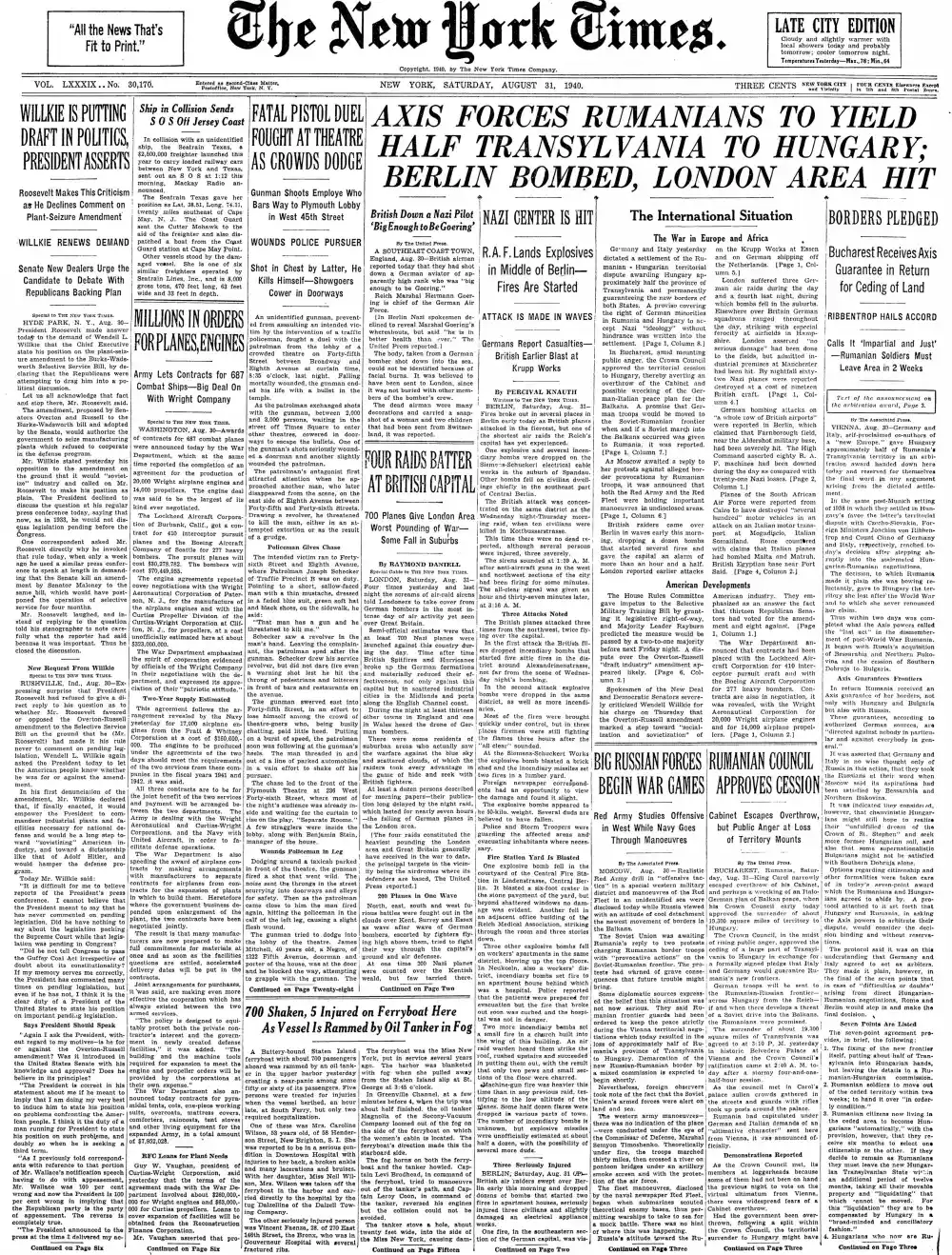 Saturday, August 31, 1940 – The New York Times Front Page