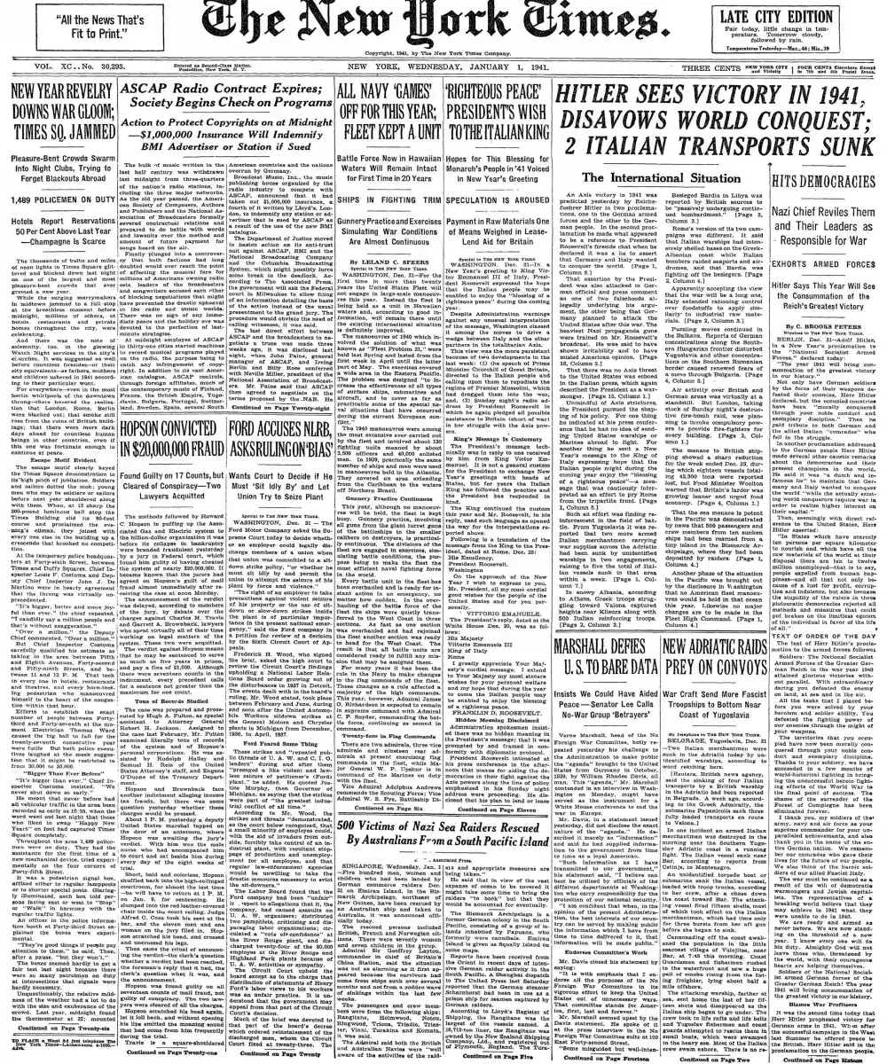 Wednesday, January 1, 1941 – The New York Times Front Page