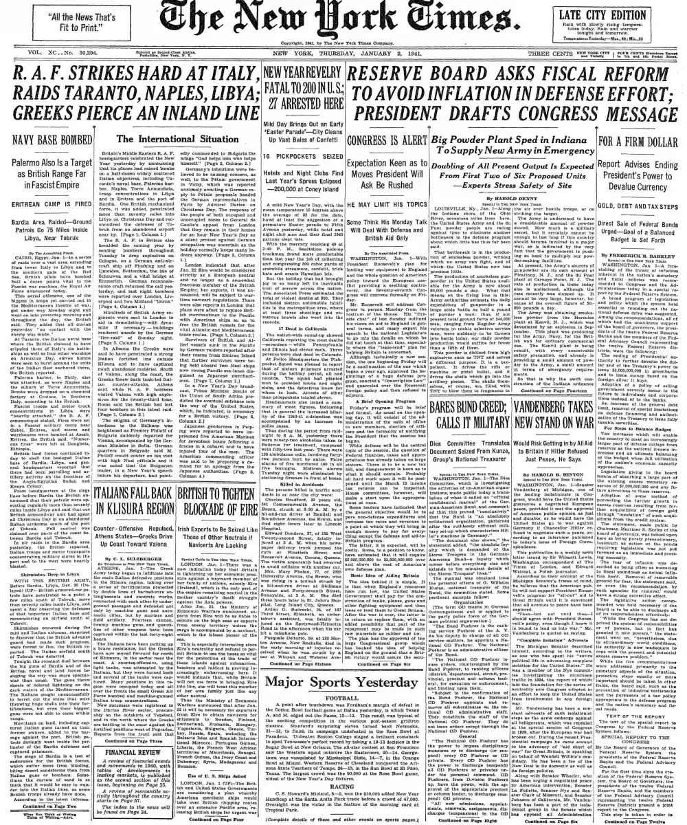 Thursday, January 2, 1941 – The New York Times Front Page