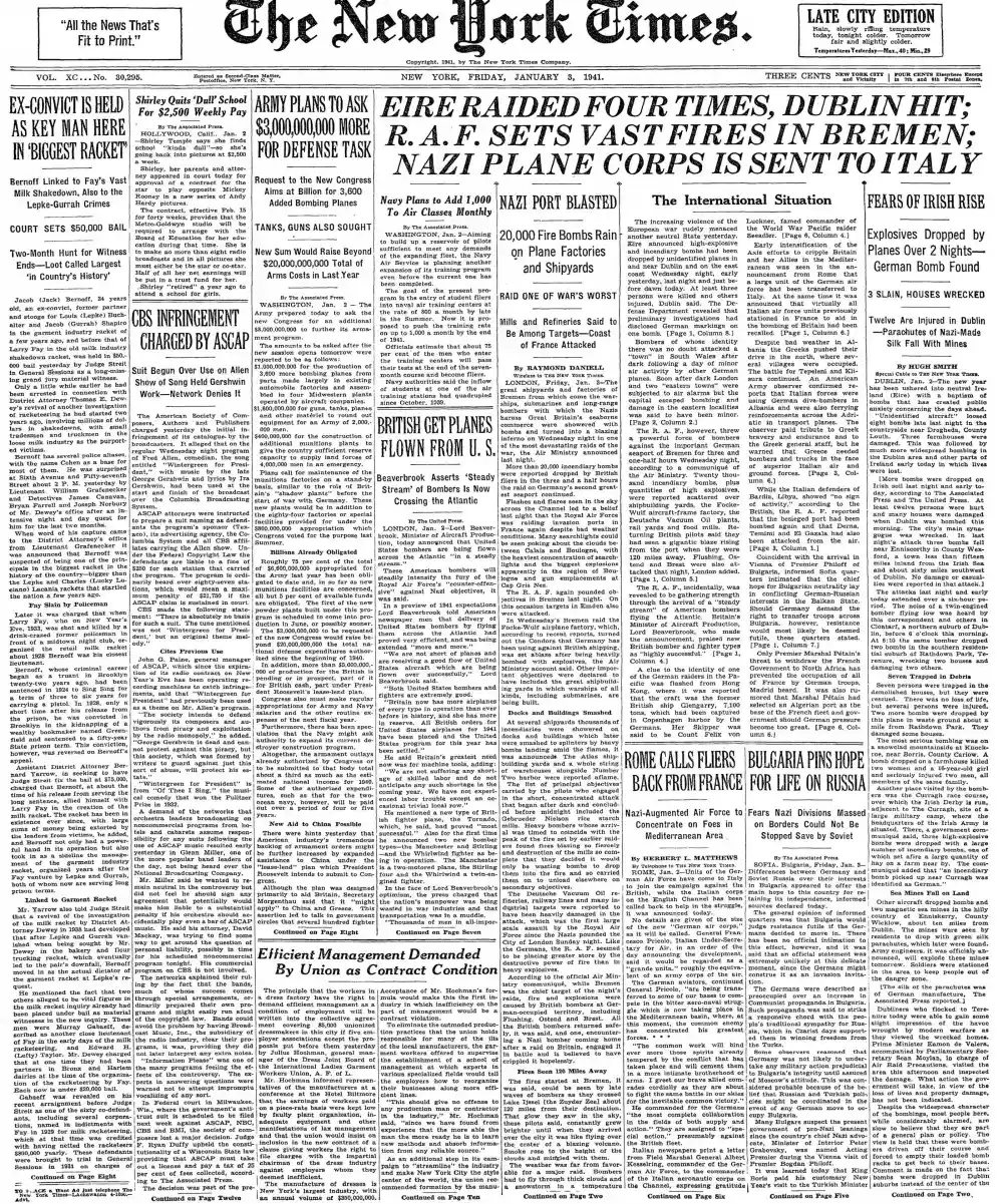 Friday, January 3, 1941 – The New York Times Front Page