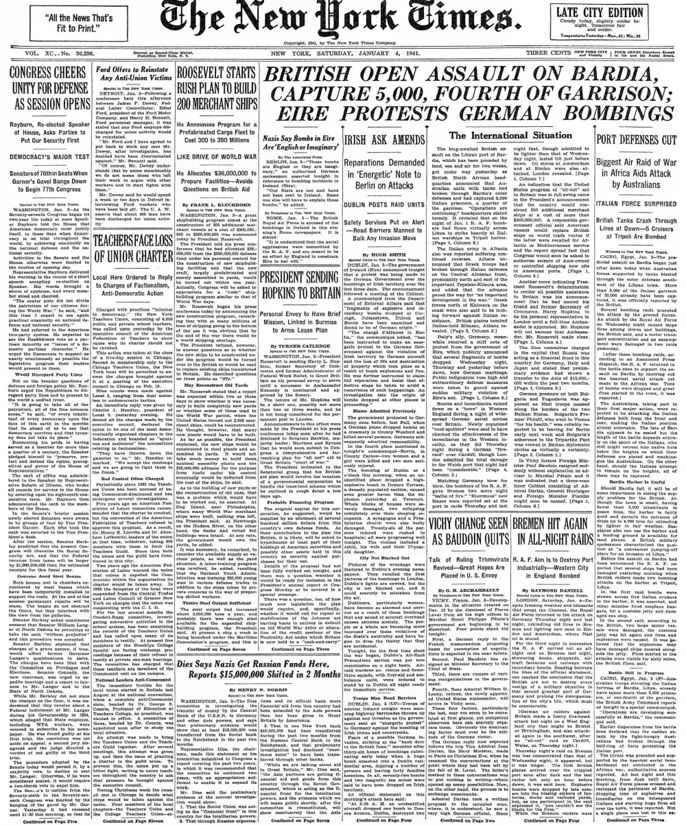 Saturday, January 4, 1941 – The New York Times Front Page
