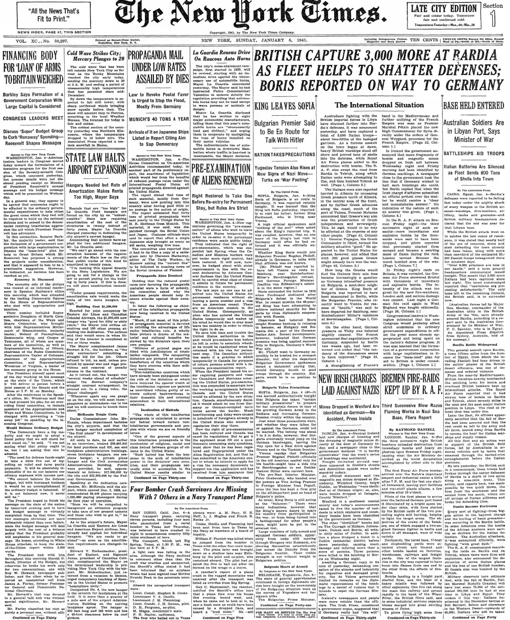 Sunday, January 5, 1941 – The New York Times Front Page