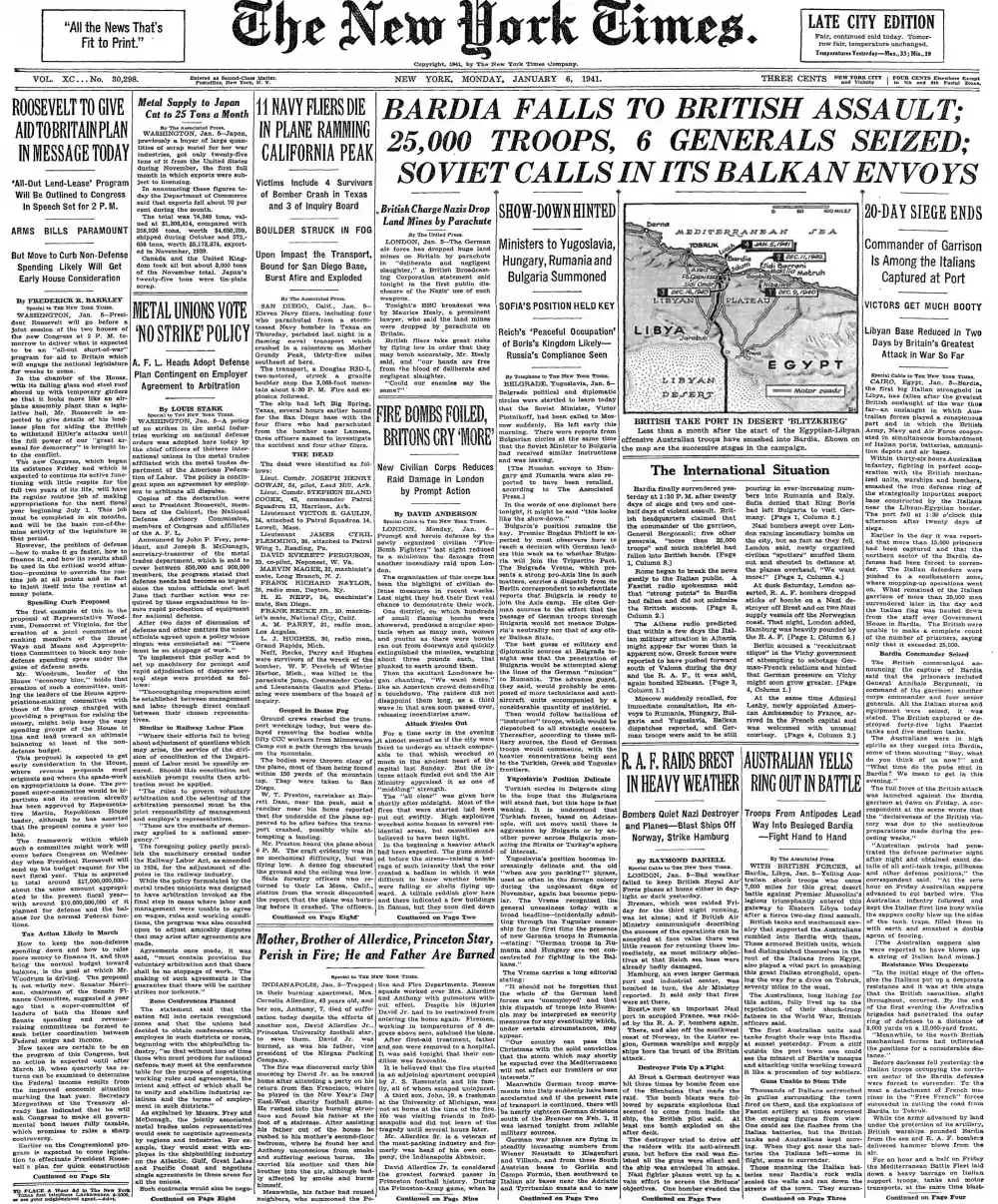 Monday, January 6, 1941 – The New York Times Front Page