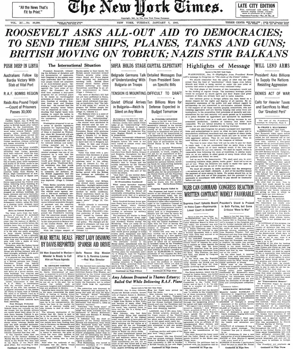 Tuesday, January 7, 1941 – The New York Times Front Page